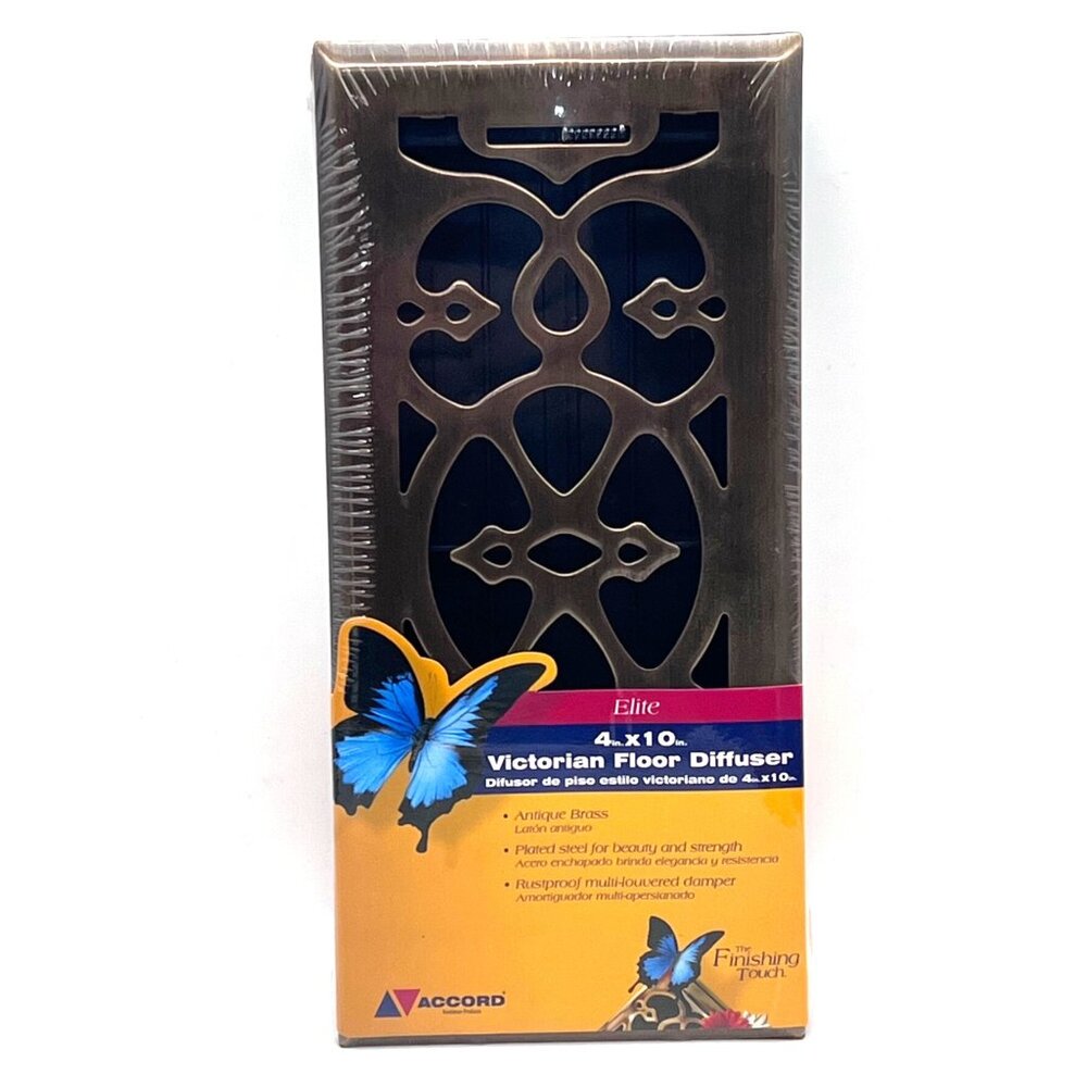 Elite 4x10 Victorian Floor Diffuser Antique Brass Plated Steel Rustproof Damper